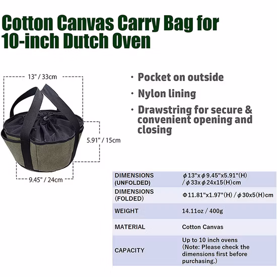 Bolsa de transporte portátil para horno holandés con cordón de lona para acampar al aire libre para viaje